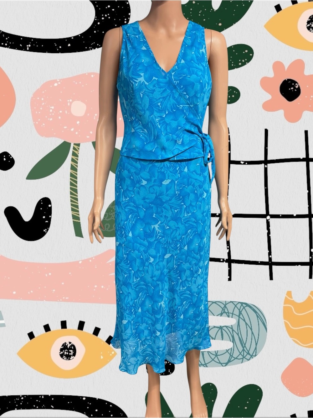 Evan Picone | Vintage Blue Floral Half Wrap Summer Dress